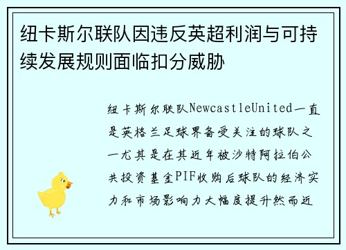 纽卡斯尔联队因违反英超利润与可持续发展规则面临扣分威胁